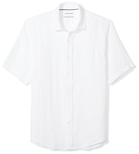 Amazon Essentials - Camisa a cuadros de lino con manga corta para hombre., Blanco, US S (EU S)