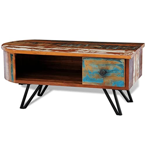 Mesa de café de madera maciza reciclada con patas delgada de hierro