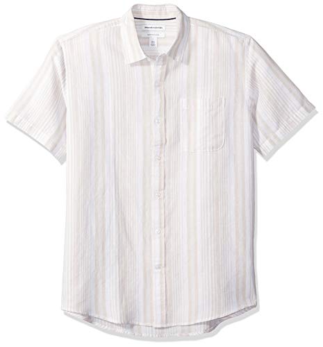 Amazon Essentials - Camisa a cuadros de lino con manga corta para hombre., Raya natural, US XS (EU...