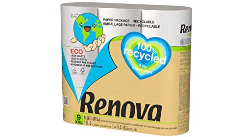 Renova Papel Higiénico Renova Recycled, 9 Rollos Reciclados & Envueltos en Papel, Sin Plásticos,...
