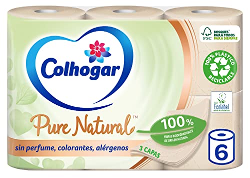 Colhogar Pure Natural x6 - Papel Higiénico Biodegradable Suave y Resistente -Papel de baño de 3...