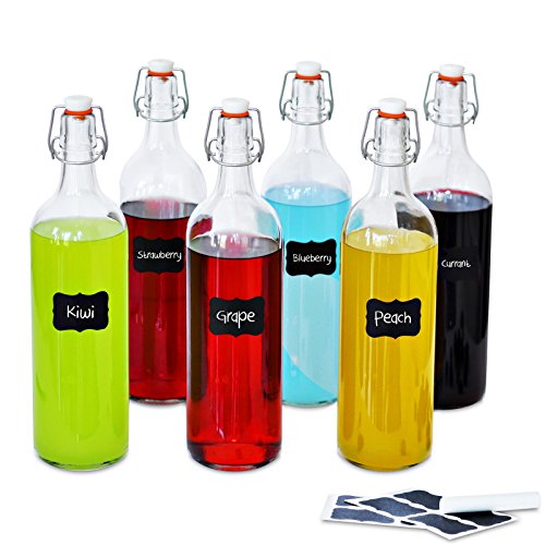 Creative Home Grande Botella Cristal Agua 1 Litro | 6 x 1L | Set con Tapa de Clip Hermético |...
